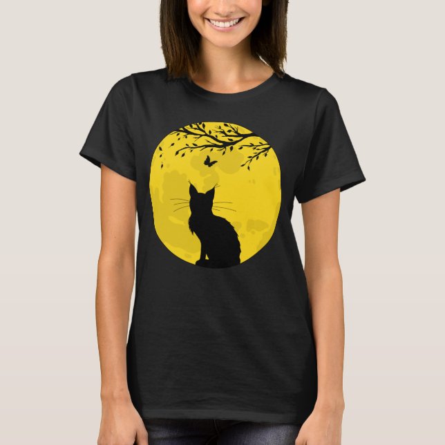 Black Cat Gult Måne T Shirt (Framsida)