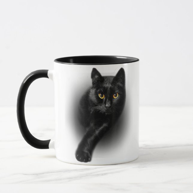 Black Cat Gult Ögon T-Shirt Cats Tee Mugg (Vänster)