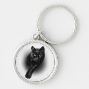 Black Cat Gult Ögon T-Shirt Cats Tee Rund Silverfärgad Nyckelring