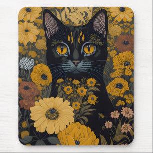 Black Cat Gult Ögon Vintage Flowers #2 Musmatta