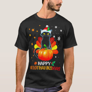 Black Cat Halloween And Merry Christmas Happy T Shirt