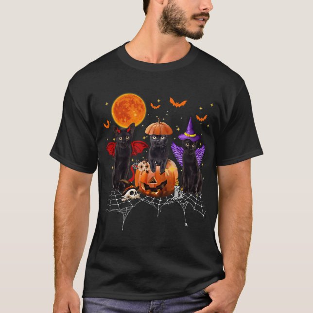 Black Cat Halloween, Black Cat Sitta på Pumpkin T Shirt (Framsida)