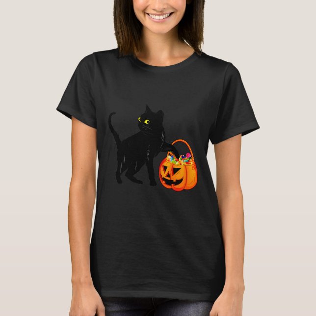 Black Cat Halloween Candy Pumpkin Bag Sweet Lollip T Shirt (Framsida)