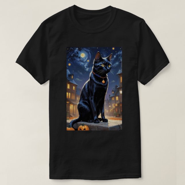 Black Cat Halloween Cat Lovers Night Cat Van Gogh T Shirt (Design framsida)