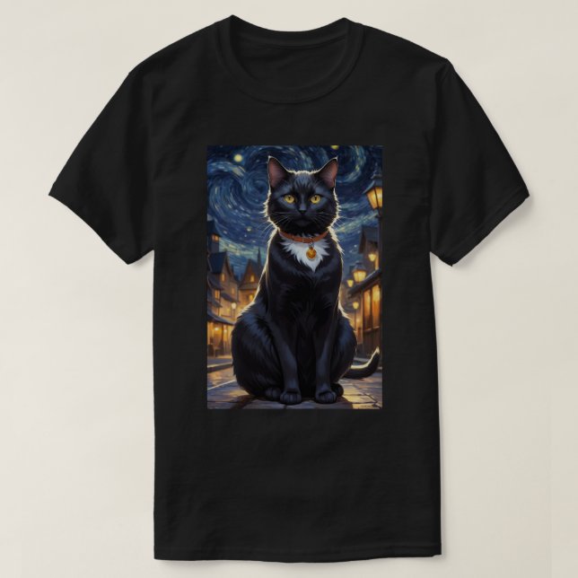 Black Cat Halloween Cat Lovers Night Cat Van Gogh T Shirt (Design framsida)