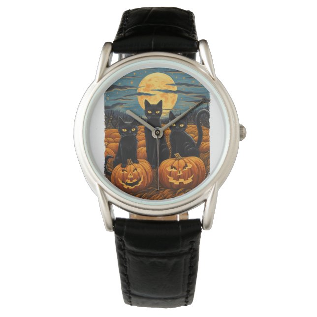 Black Cat Halloween Cat Lovers Starry Night Cat Va Armbandsur (Framsida)
