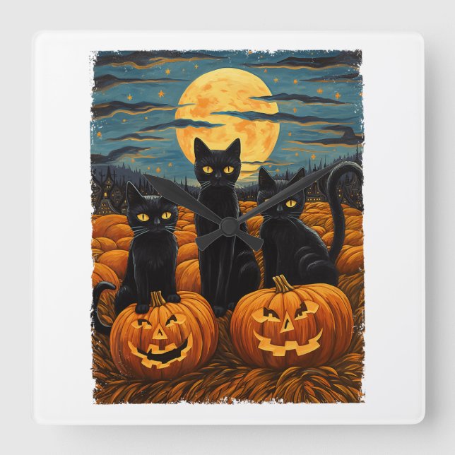Black Cat Halloween Cat Lovers Starry Night Cat Va Fyrkantig Klocka (Framsida)