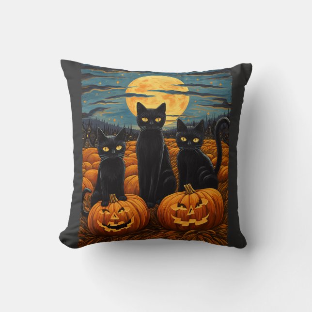 Black Cat Halloween Cat Lovers Starry Night Cat Va Kudde (Framsida)