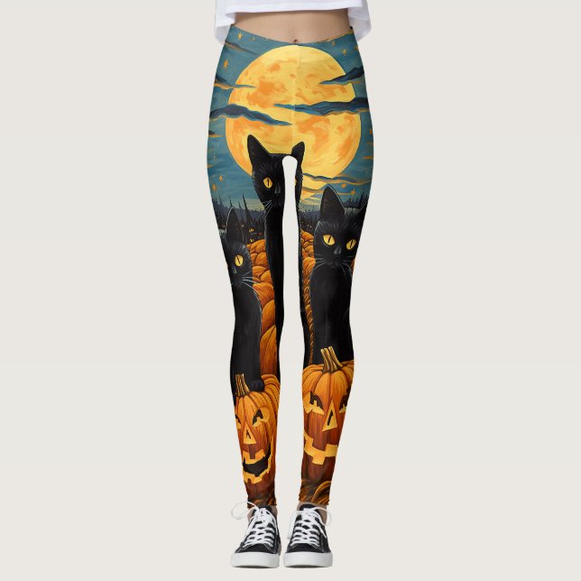 Black Cat Halloween Cat Lovers Starry Night Cat Va Leggings (Framsida)