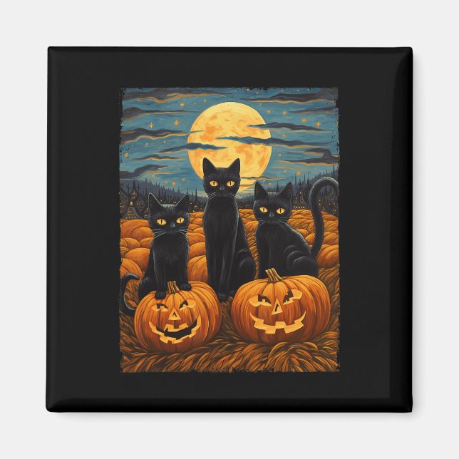 Black Cat Halloween Cat Lovers Starry Night Cat Va Magnet (Framsidan)