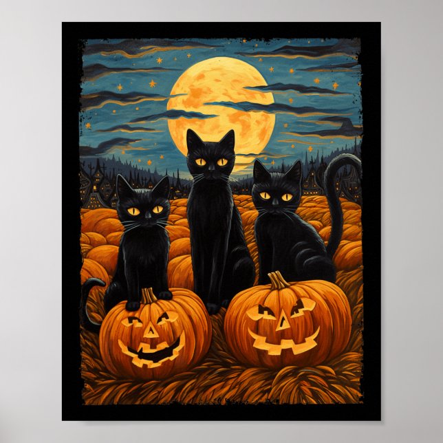 Black Cat Halloween Cat Lovers Starry Night Cat Va Poster (Framsidan)