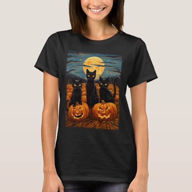 Black Cat Halloween Cat Lovers Starry Night Cat Va T Shirt (Framsida)
