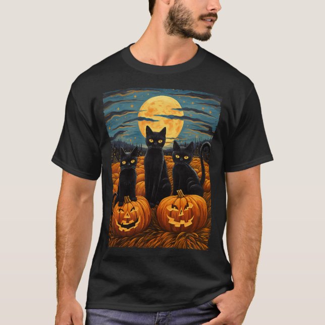 Black Cat Halloween Cat Lovers Starry Night Cat Va T Shirt (Framsida)