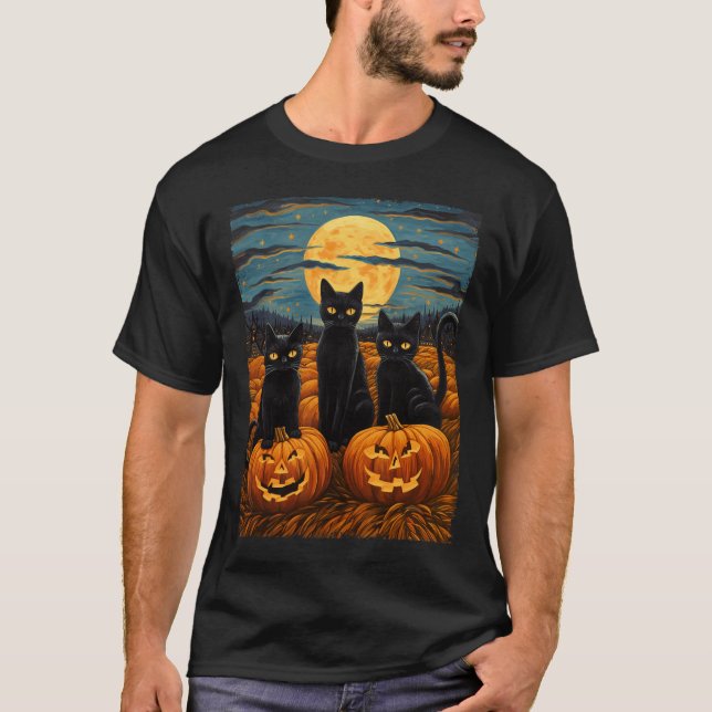 Black Cat Halloween Cat Lovers Starry Night Cat Va T Shirt (Framsida)