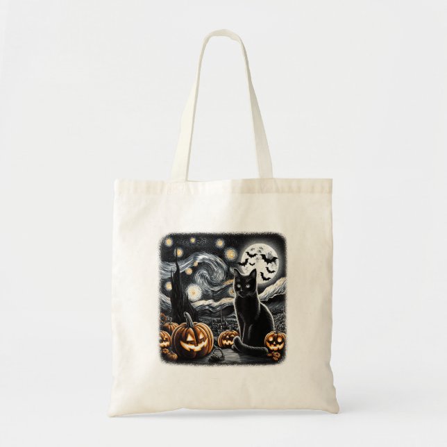 Black Cat Halloween Cat Lovers Starry Night Cat Va Tygkasse (Framsidan)