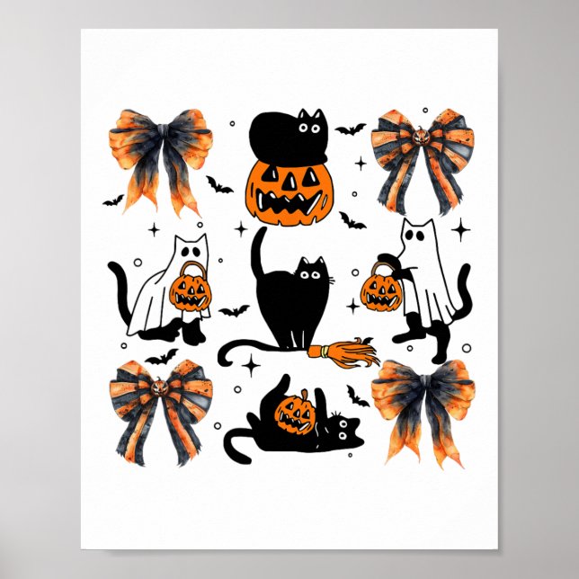Black Cat Halloween Coquette Bow Halloween Pumpkin Poster (Framsidan)