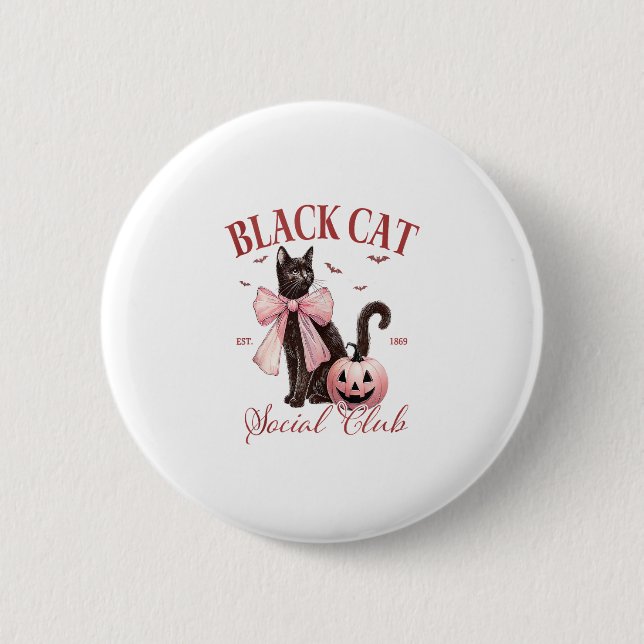 Black Cat Halloween Coquette Social Klubb Rosa Bow Knapp (Framsida)