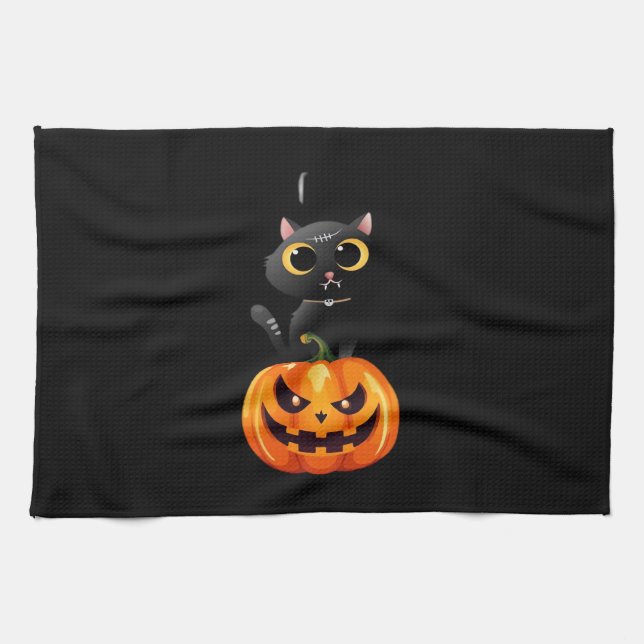 Black Cat Halloween Design Design - Spooky Pumpkin Kökshandduk (Horisontell)