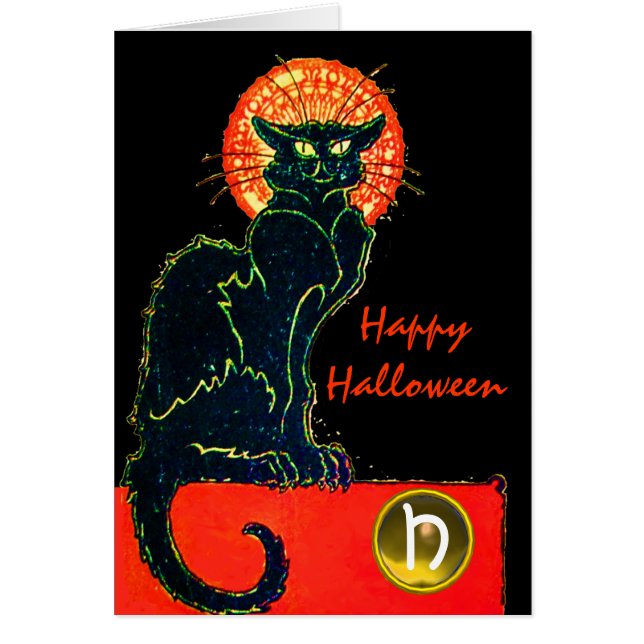 BLACK CAT HALLOWEEN FEST MONOGRAM HÄLSNINGSKORT (Framsidan)