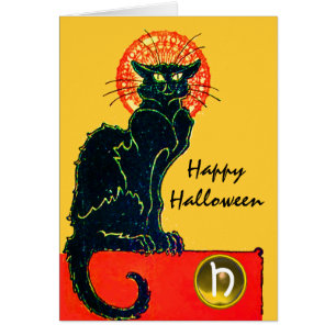 BLACK CAT HALLOWEEN FEST MONOGRAM HÄLSNINGSKORT