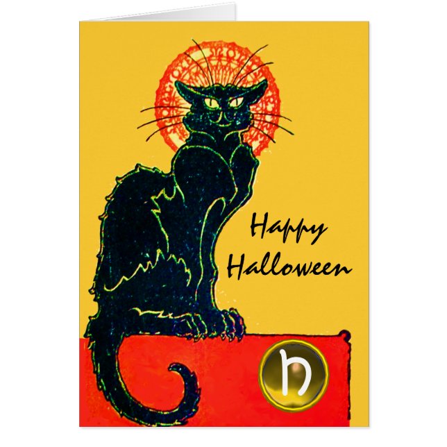 BLACK CAT HALLOWEEN FEST MONOGRAM HÄLSNINGSKORT (Framsidan)
