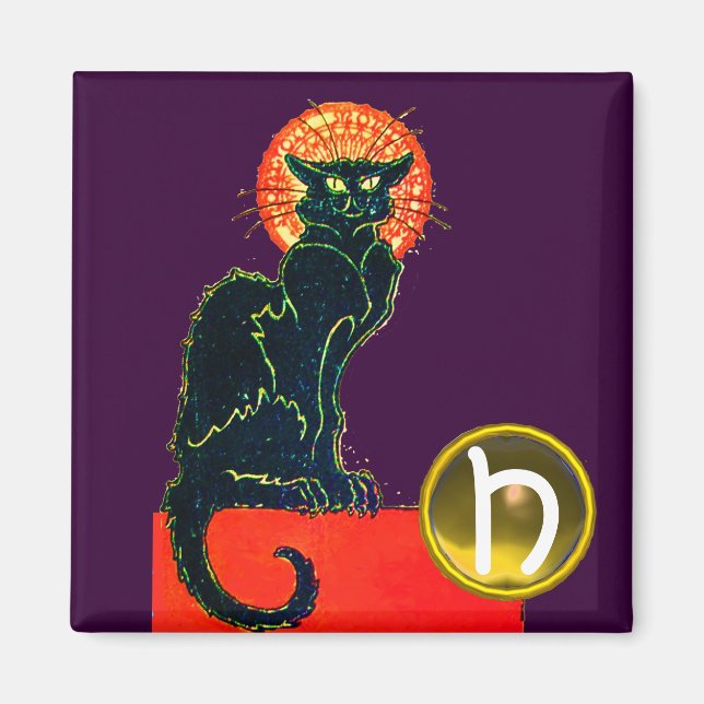 BLACK CAT HALLOWEEN FEST MONOGRAM Lila Magnet (Framsidan)