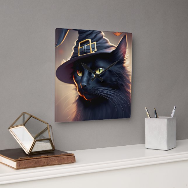 Black Cat Halloween Fyrkantig Klocka (Kontor)