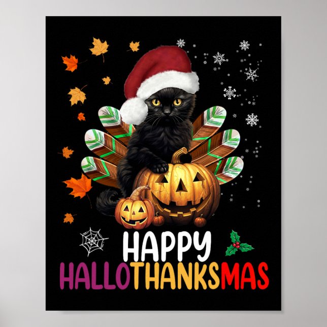 Black Cat Halloween Lycklig Hallothanksmas Merry C Poster (Framsidan)