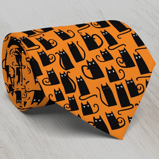 Black Cat Halloween-Orange Slips (Fun black cat pumpkin orange Halloween neck tie for animal lovers)
