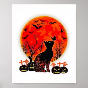Black Cat Halloween Pumpkin Måne Spooy Poster