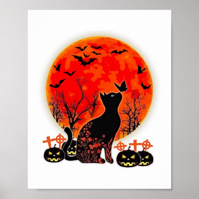 Black Cat Halloween Pumpkin Måne Spooy Poster (Framsidan)
