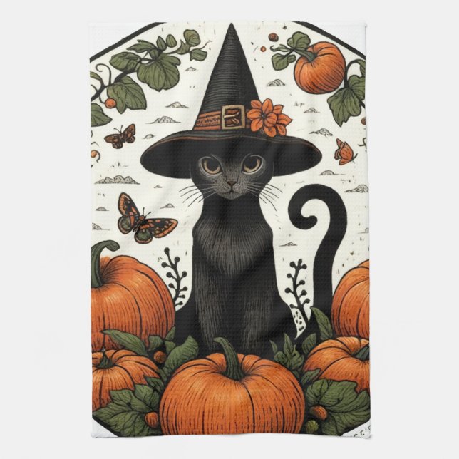 Black Cat Halloween Pumpkin Patch Kökshandduk (Vertikal)