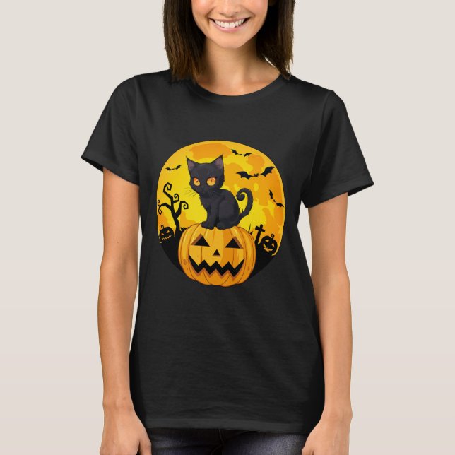 Black Cat Halloween Pumpkin T Shirt (Framsida)