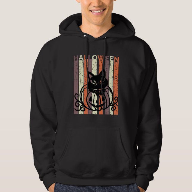 Black Cat Halloween Retro Distressed Goth Pumpkin  Hoodie (Framsida)