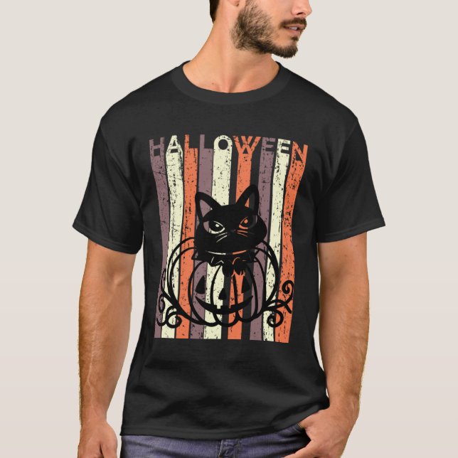 Black Cat Halloween Retro Distressed Goth Pumpkin  T Shirt (Framsida)