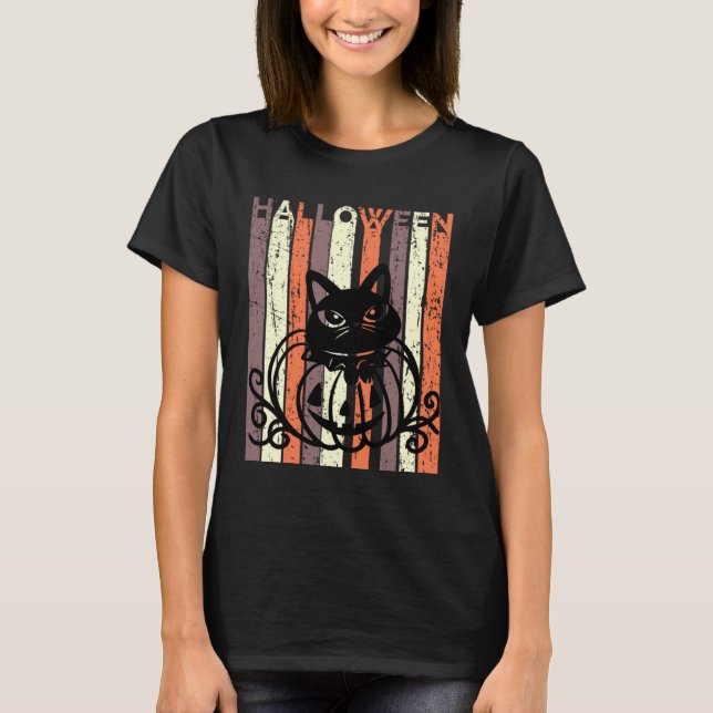 Black Cat Halloween Retro Distressed Goth Pumpkin  T Shirt (Framsida)