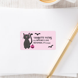 Black Cat Halloween Rosa Pumpkin Fladdermus Girly Adressetikett