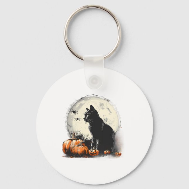 Black Cat Halloween Spooky Måne Artwork Pumpkin Sp Nyckelring (Framsida)