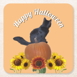 Black Cat Halloween Sunflowers Pumpkins Orange  Underlägg Papper Kvadrat