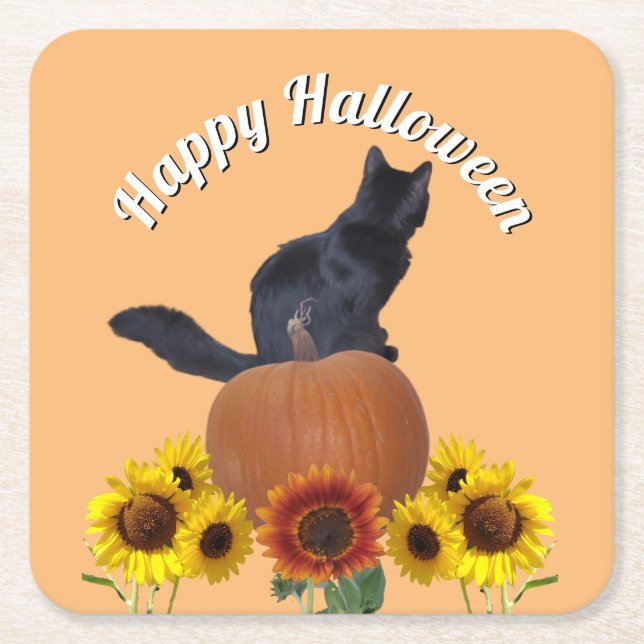 Black Cat Halloween Sunflowers Pumpkins Orange  Underlägg Papper Kvadrat (Framsidan)