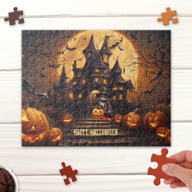 Black Cat Happy halloween Haunted House Puzzle Pussel (Halloween puzzle featuring a cute fantasy scene with a black cat with pumpkins at a haunted house)