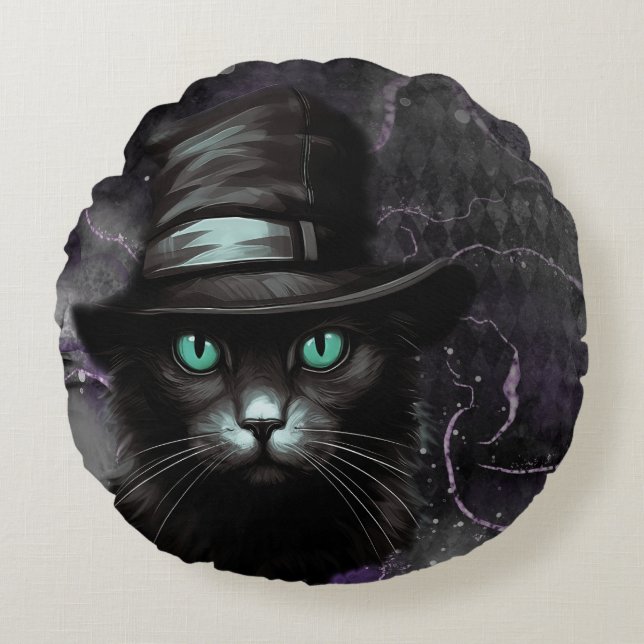 Black Cat Hat Argyle Alcohol Bläck Rund Kudde (Framsidan)