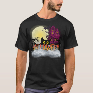 Black Cat & Haunted House – Halloween Night Design T Shirt