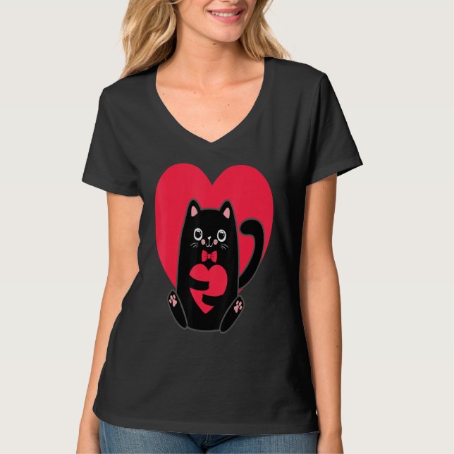 Black Cat Heart Valentines day Cute Kitten Kattung T Shirt (Framsida)