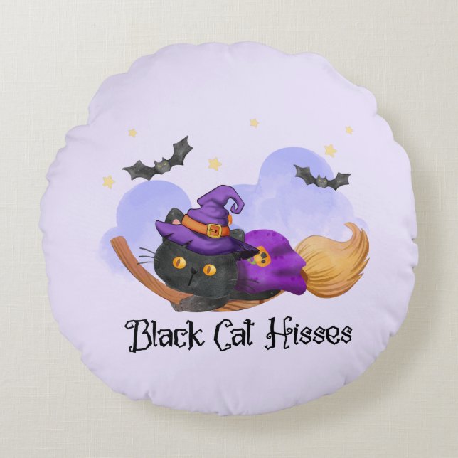 Black Cat Hisses Rund Kudde (Framsidan)