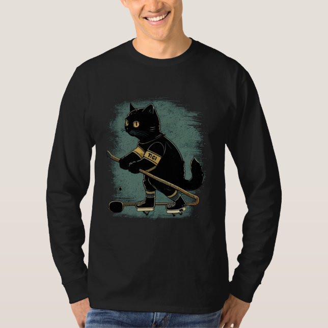 Black Cat Hockey Retro Graphic Tees Men Women Boys T Shirt (Framsida)