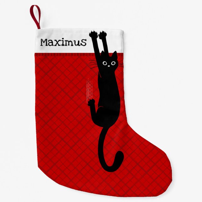 Black Cat Holding On Funny Christmas Stocking Liten Julstrumpa (Framsidan)