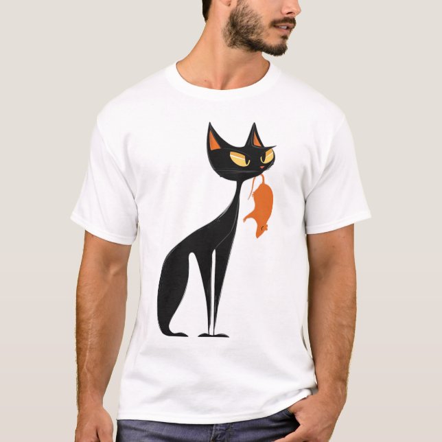 Black Cat Holding Orange Råtta T Shirt (Framsida)