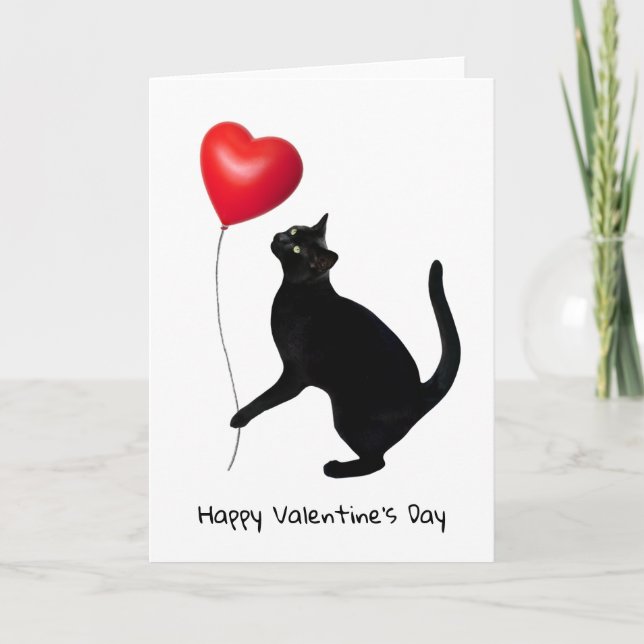 Black Cat Holding Red Heart Balloon Valentine Card Helgkort (Framsida)