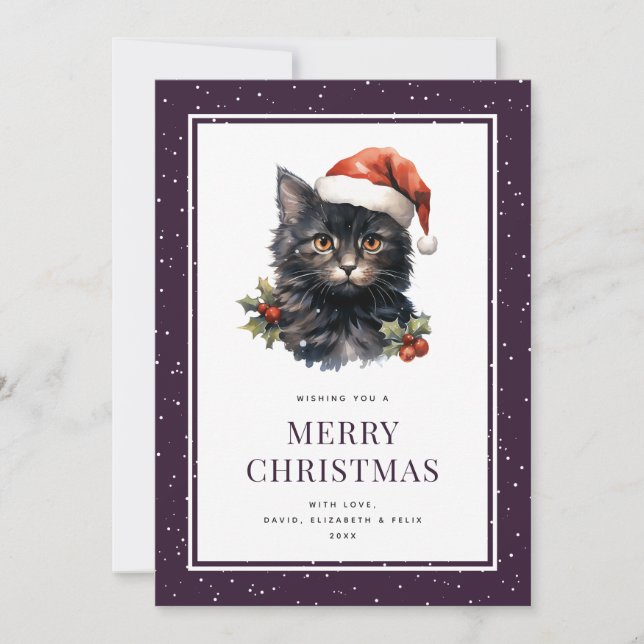 Black Cat Holly Berries Snö God jul Card Julkort (Framsida)